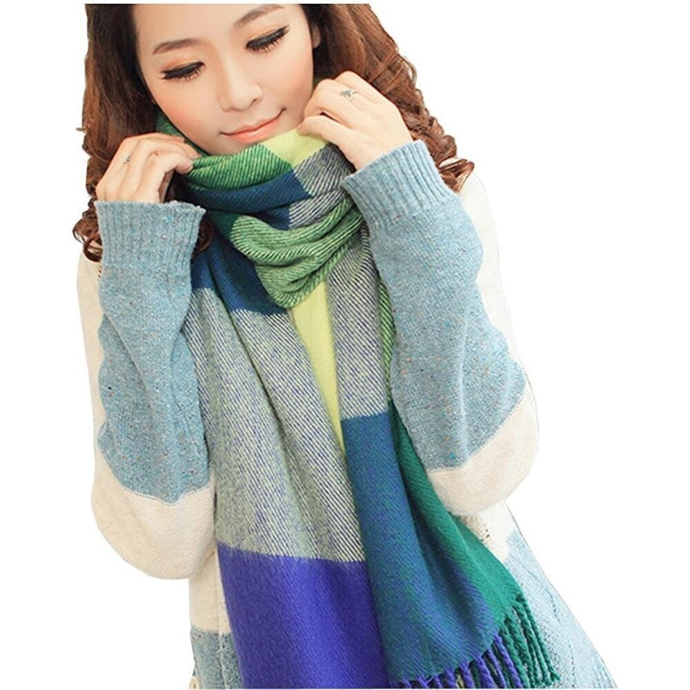 Women's blue Green Lattice Scarf Fashion Long Plaid Shawls Wraps Big Grid Winter